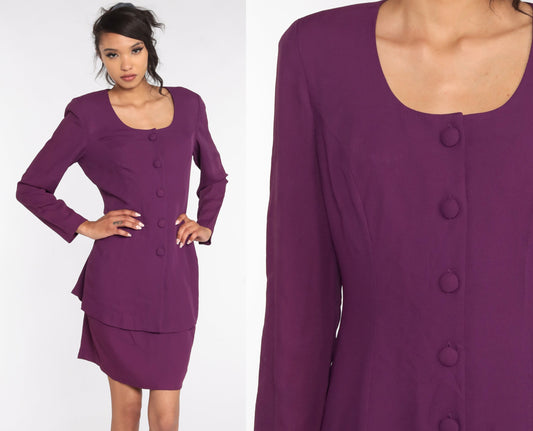 80s Purple Sheath Dress Button Front Bow Back V-Neck Secretary Medium