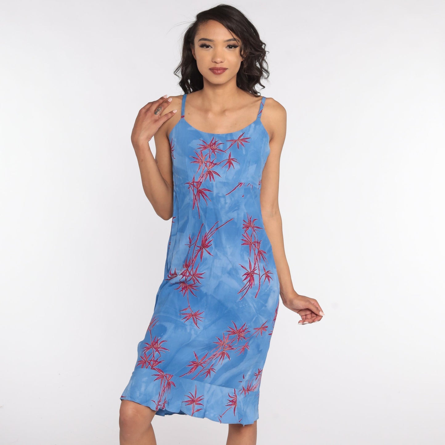 90s Tropical Floral Mini Sundress Blue Rayon Spaghetti Strap Extra Small
