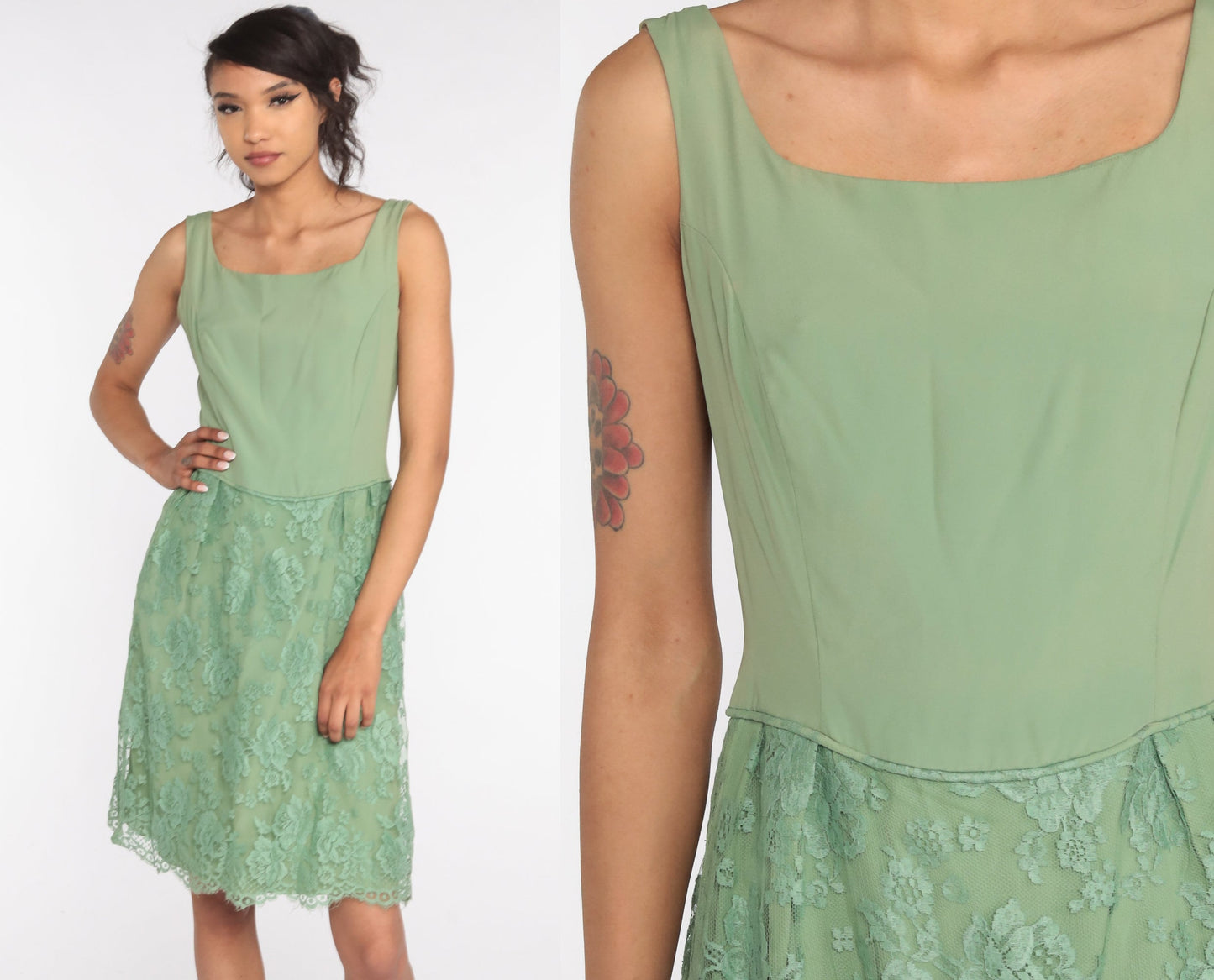 1960s Green Lace Cocktail Dress Midi Tea Length Small