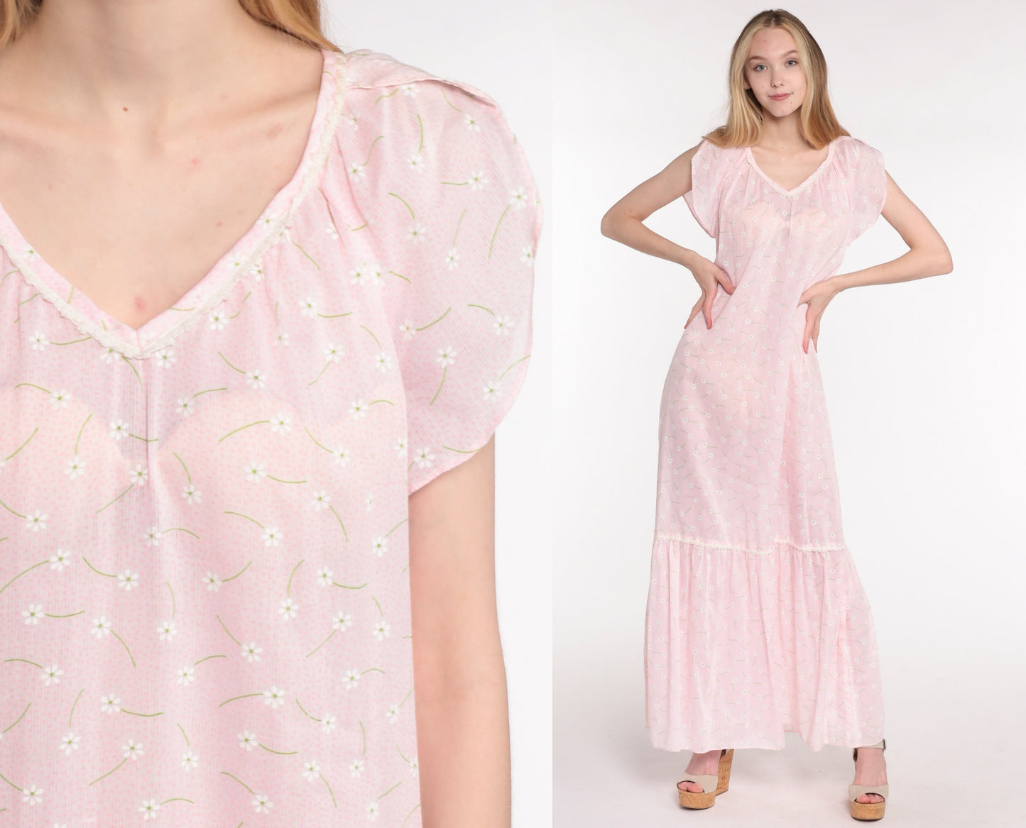 70s Pink Floral Maxi Dress Ditsy Print Semi-Sheer Cotton V-Neck Medium