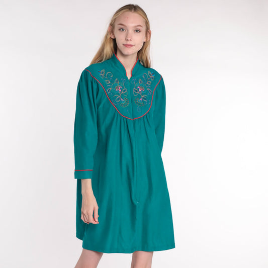 70s Velour Lounge Dress Teal Floral Embroidered Mini Front Zip Small Medium