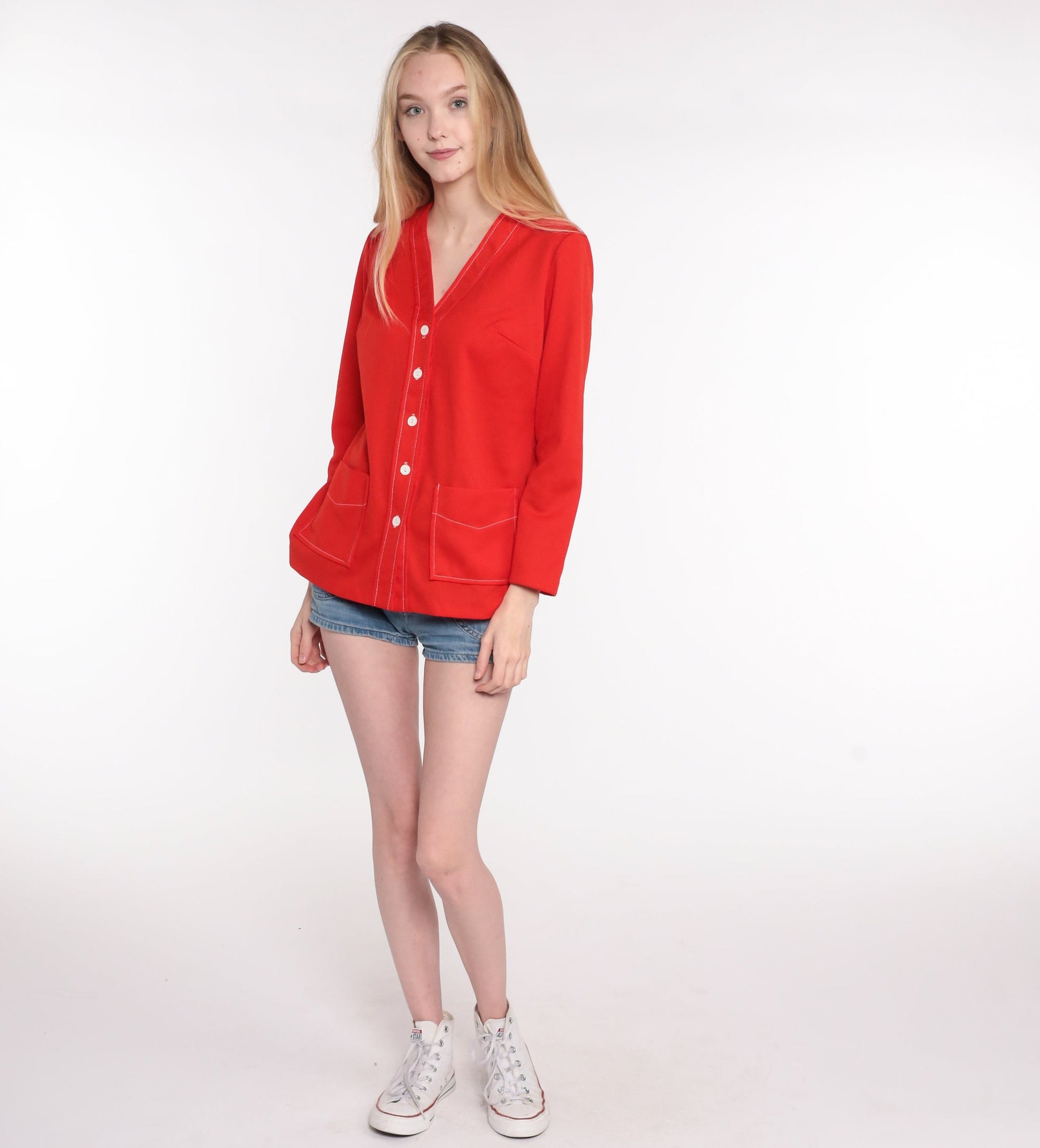 70s Red Polyester Button-Up Blouse Long Sleeve Pocket Shirt Medium