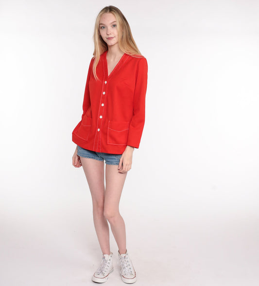 70s Red Polyester Button-Up Blouse Long Sleeve Pocket Shirt Medium