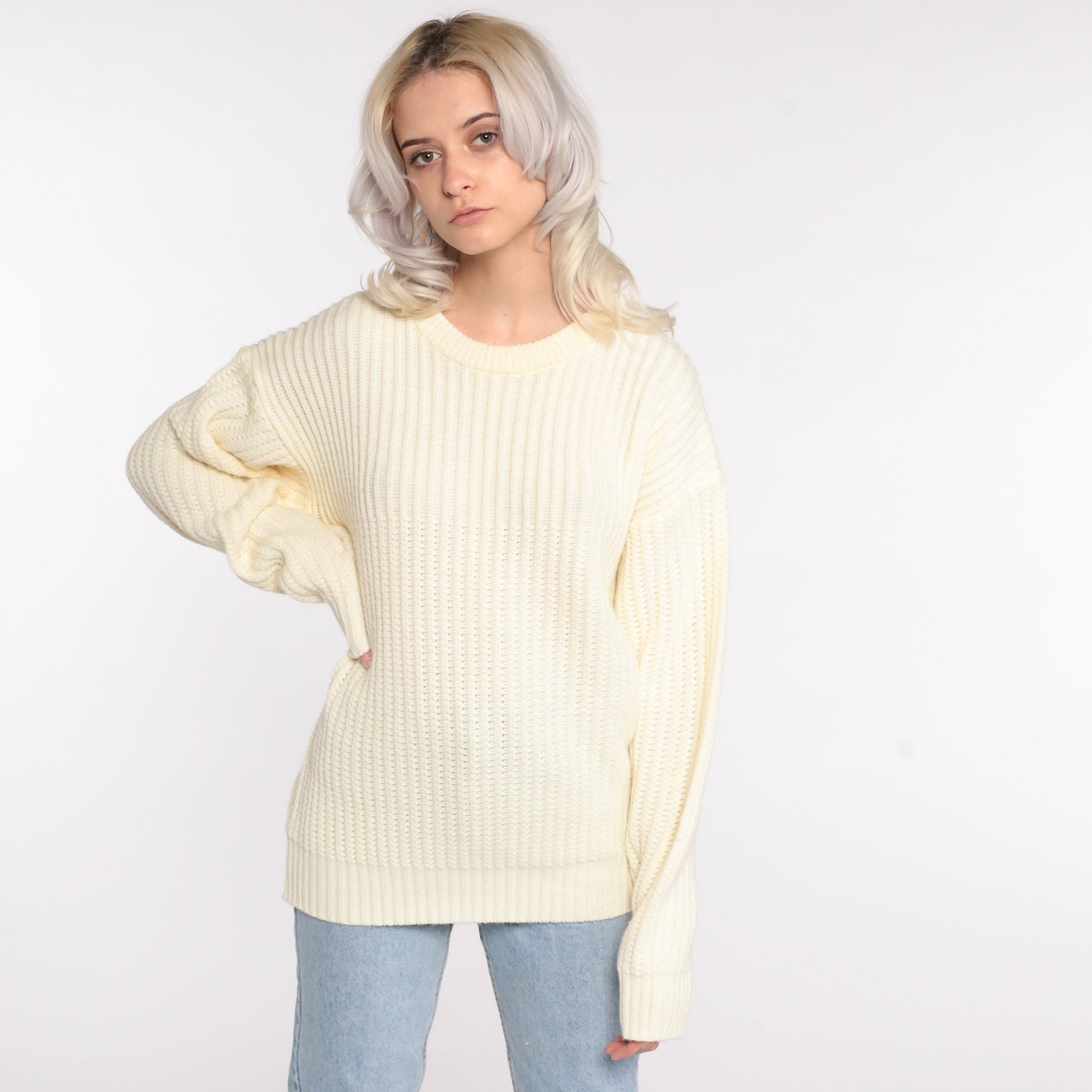 80s High Sierra Ribbed Cream Knit Pullover Sweater Large