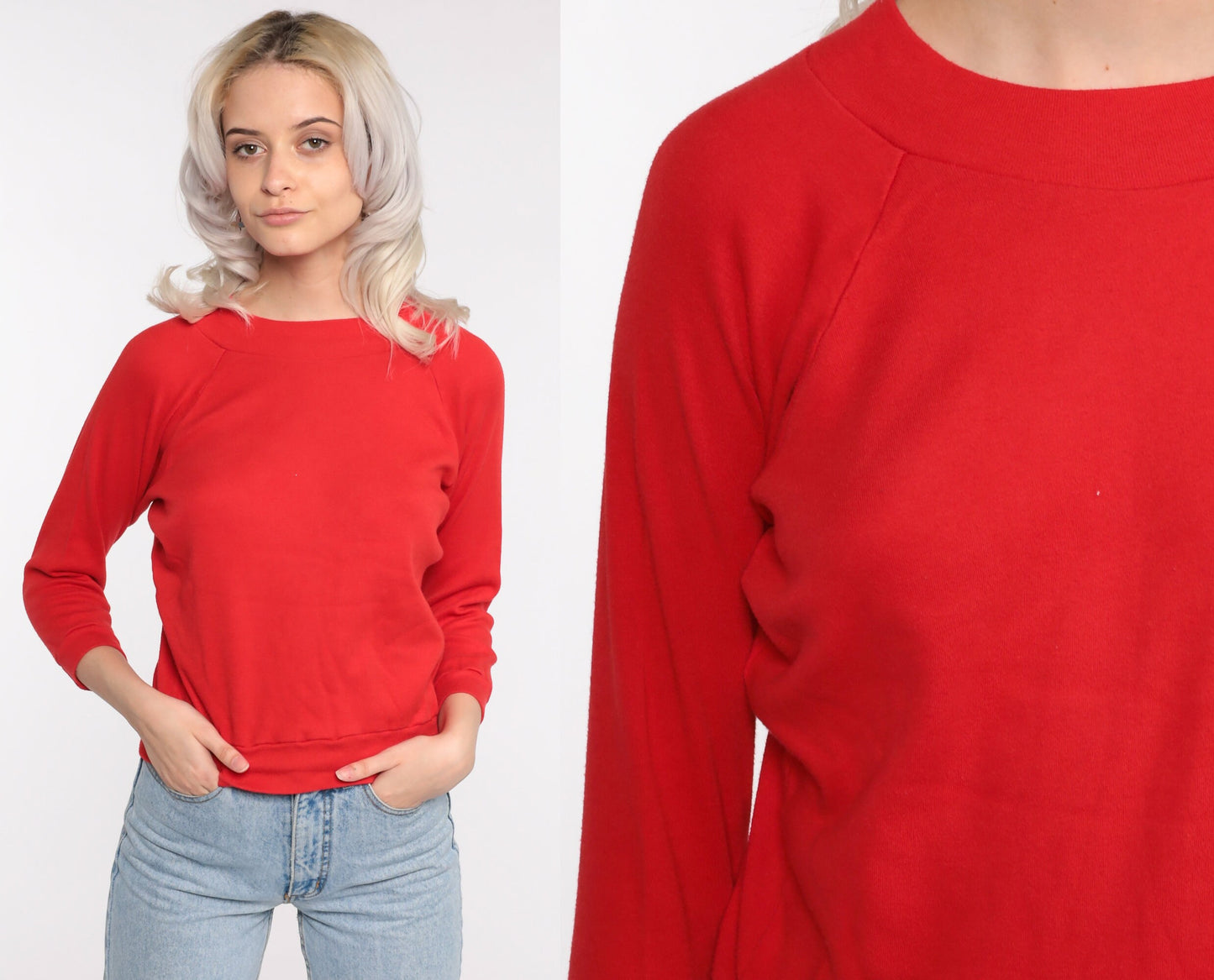 80s Red Cropped Raglan Sweatshirt Crewneck Pullover Extra Small XS