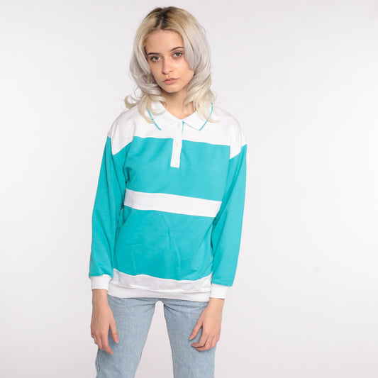 80s Polo Turquoise Striped Button Sweatshirt Medium