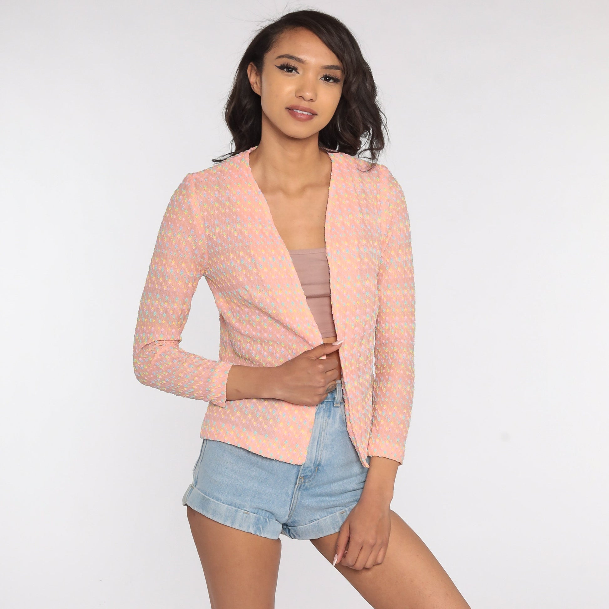 70s Baby Pink Flecked Open Front Blouse Long Sleeve Small