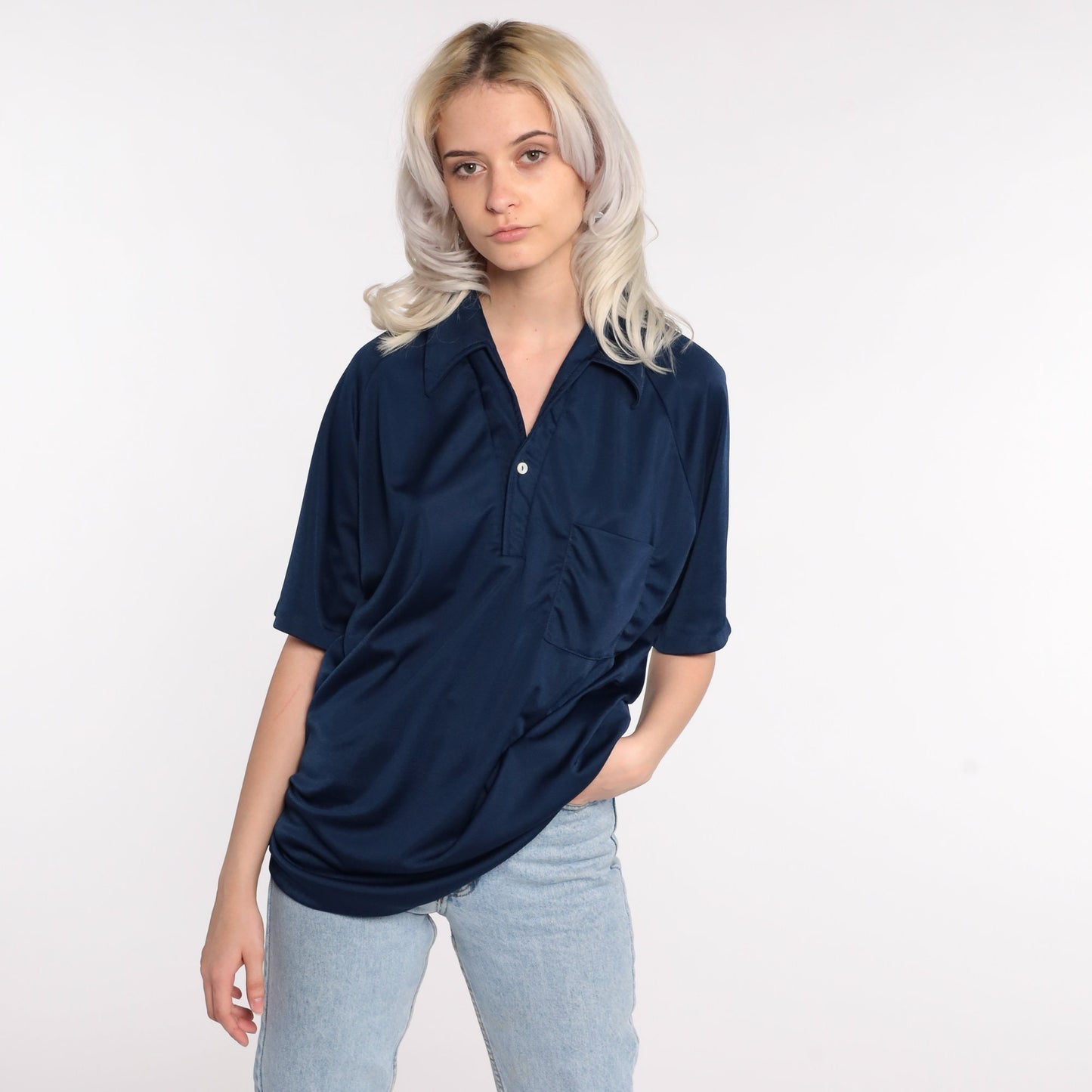 70s Dark Blue Polo Shirt Button-Up Collared Short Sleeve Large L