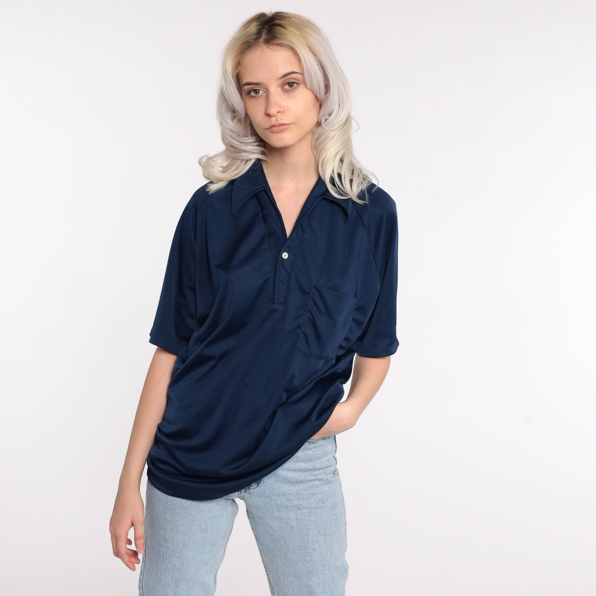 70s Dark Blue Polo Shirt Button-Up Collared Short Sleeve Large L