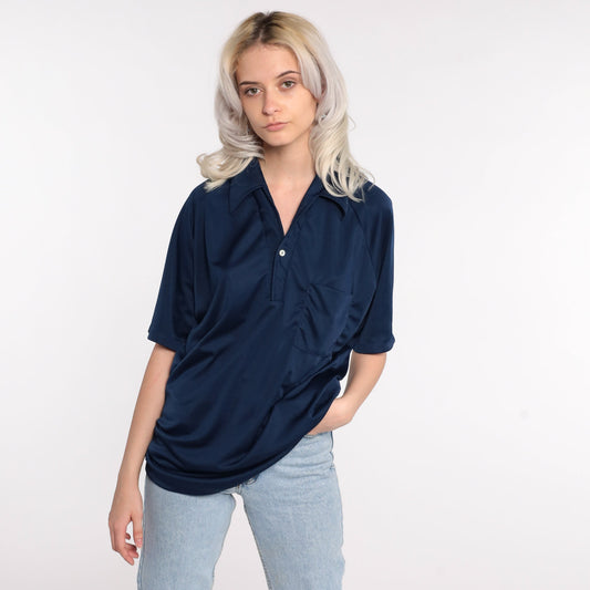 70s Dark Blue Polo Shirt Button-Up Collared Short Sleeve Large L