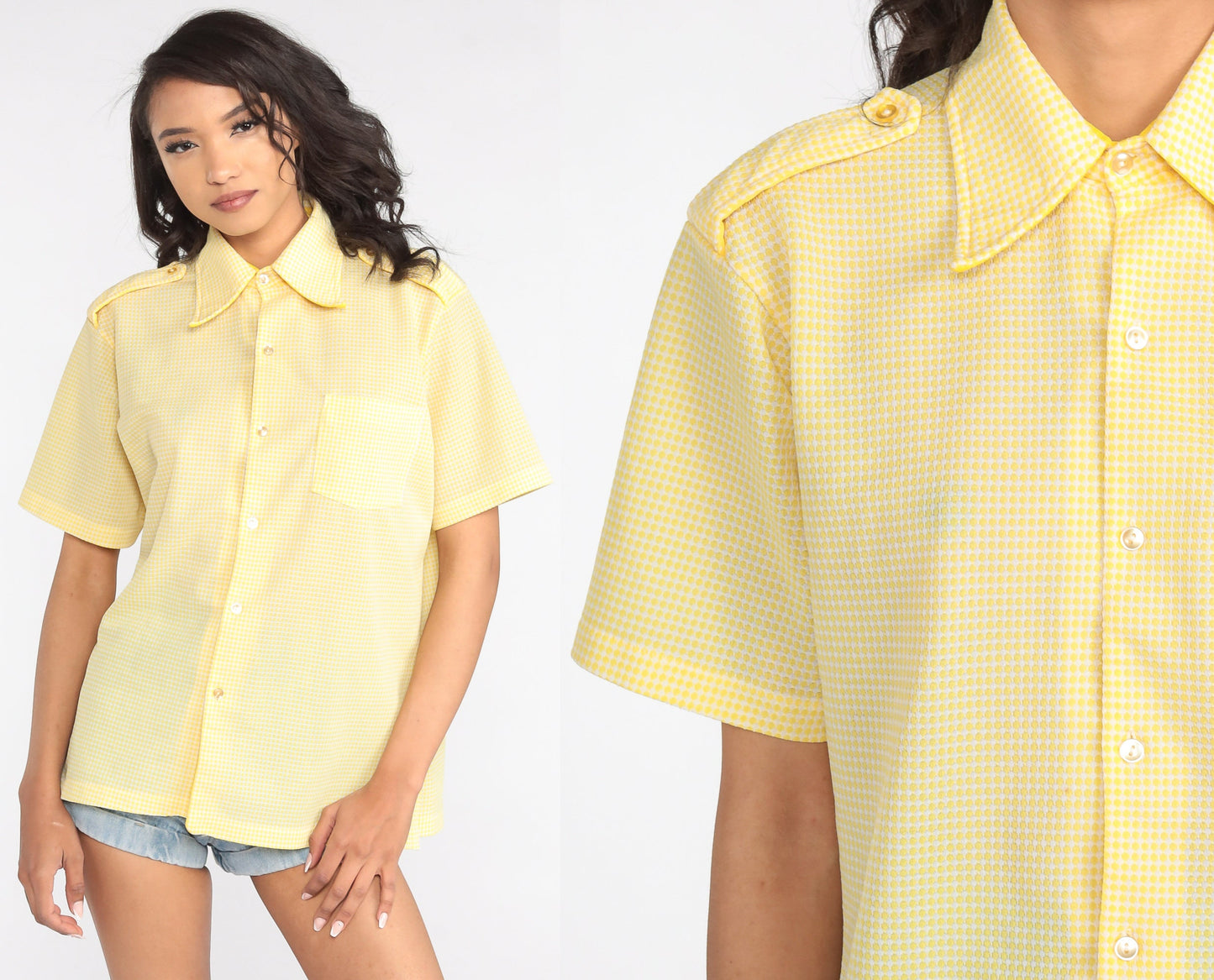 70s Yellow Grid Print Button Up Shirt Short Sleeve Epaulette Top Large