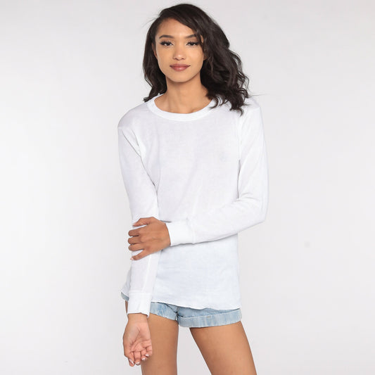 80s Plain White Long Sleeve T-Shirt Vintage Tee Small Medium