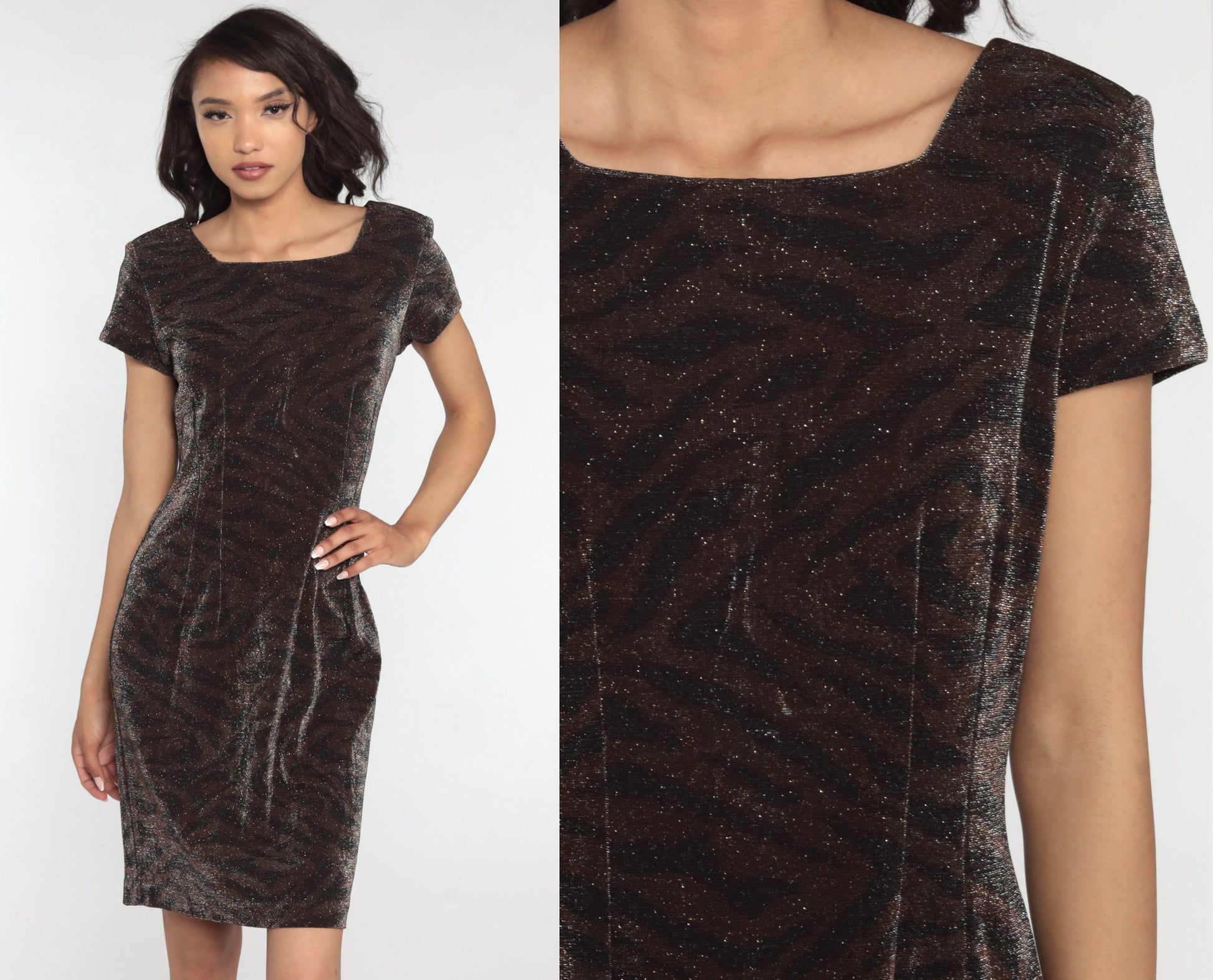 90s Metallic Tiger Stripe Mini Dress Short Sleeve Shift Minidress Medium