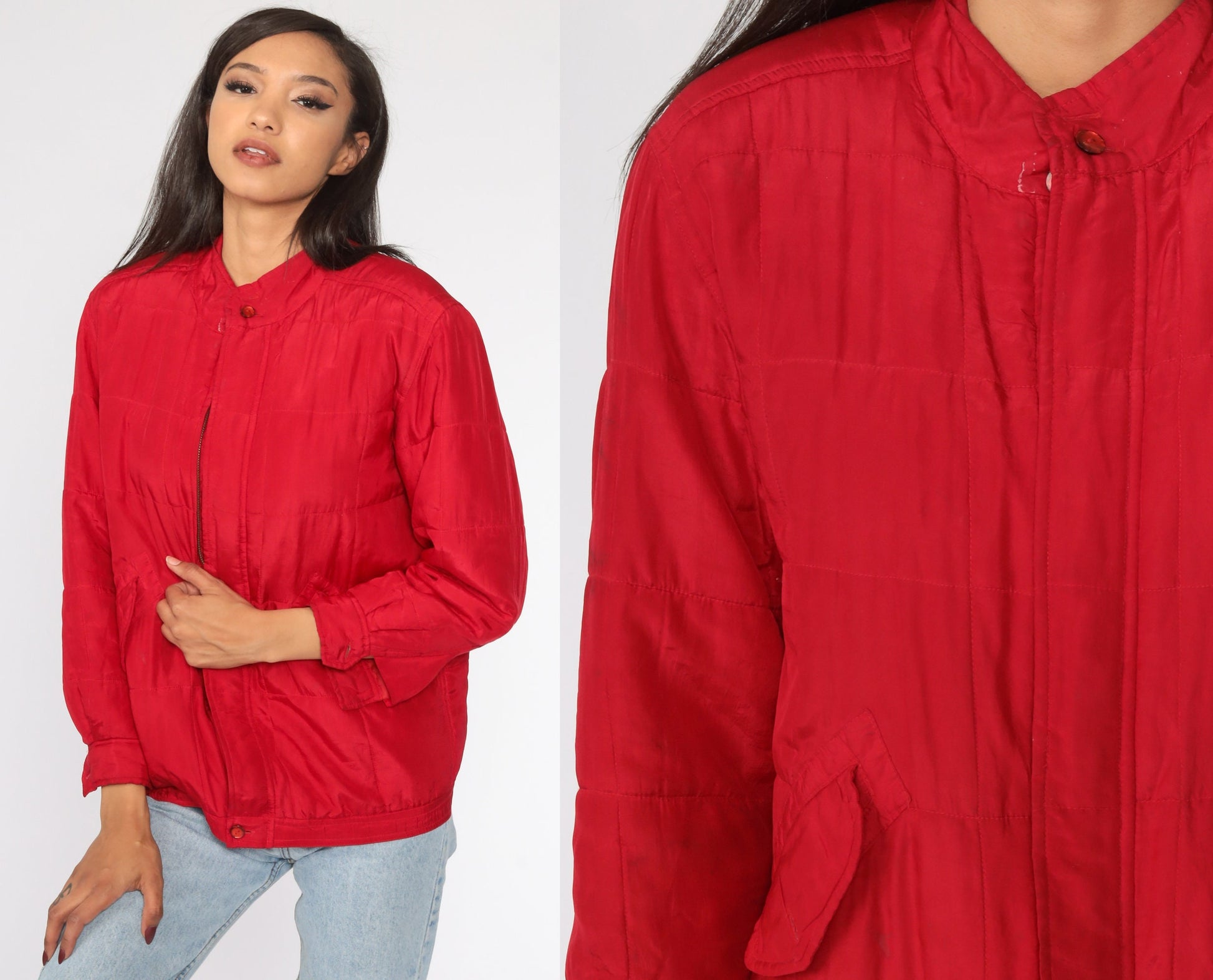 80s Red Silk Windbreaker Jacket Front Zip Petite Small