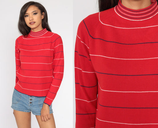 70s Red & White Striped Mock Neck Knit Pullover Small Medium