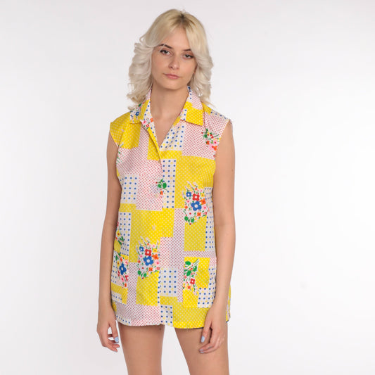 70s Floral Patchwork Button-Up Blouse White Sleeveless Collared Medium Large