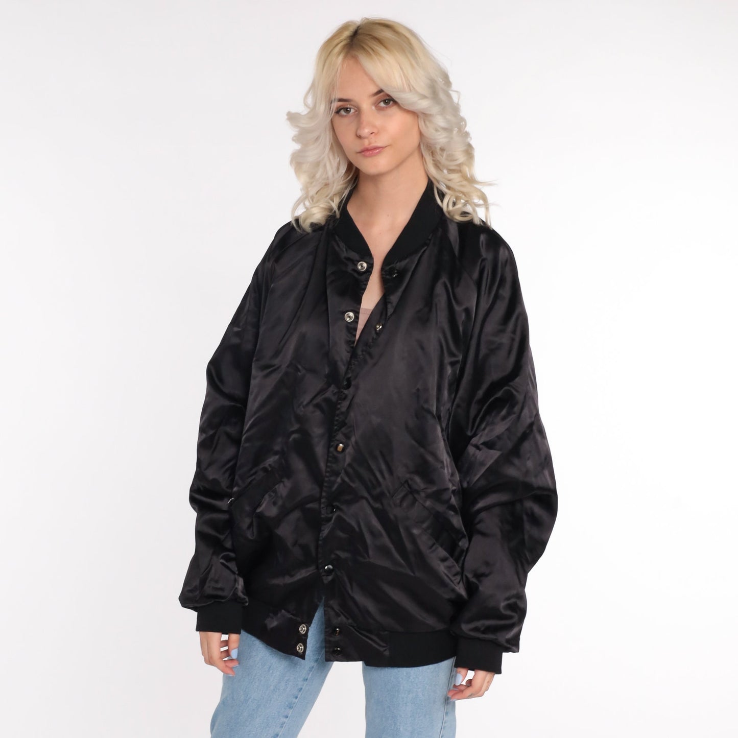 80s DKN Dance Black Bomber Jacket Satin Windbreaker Extra Large XL