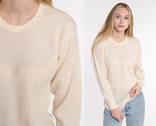 80s Hanes Cream Waffle Knit Thermal Long Sleeve Shirt Medium Large