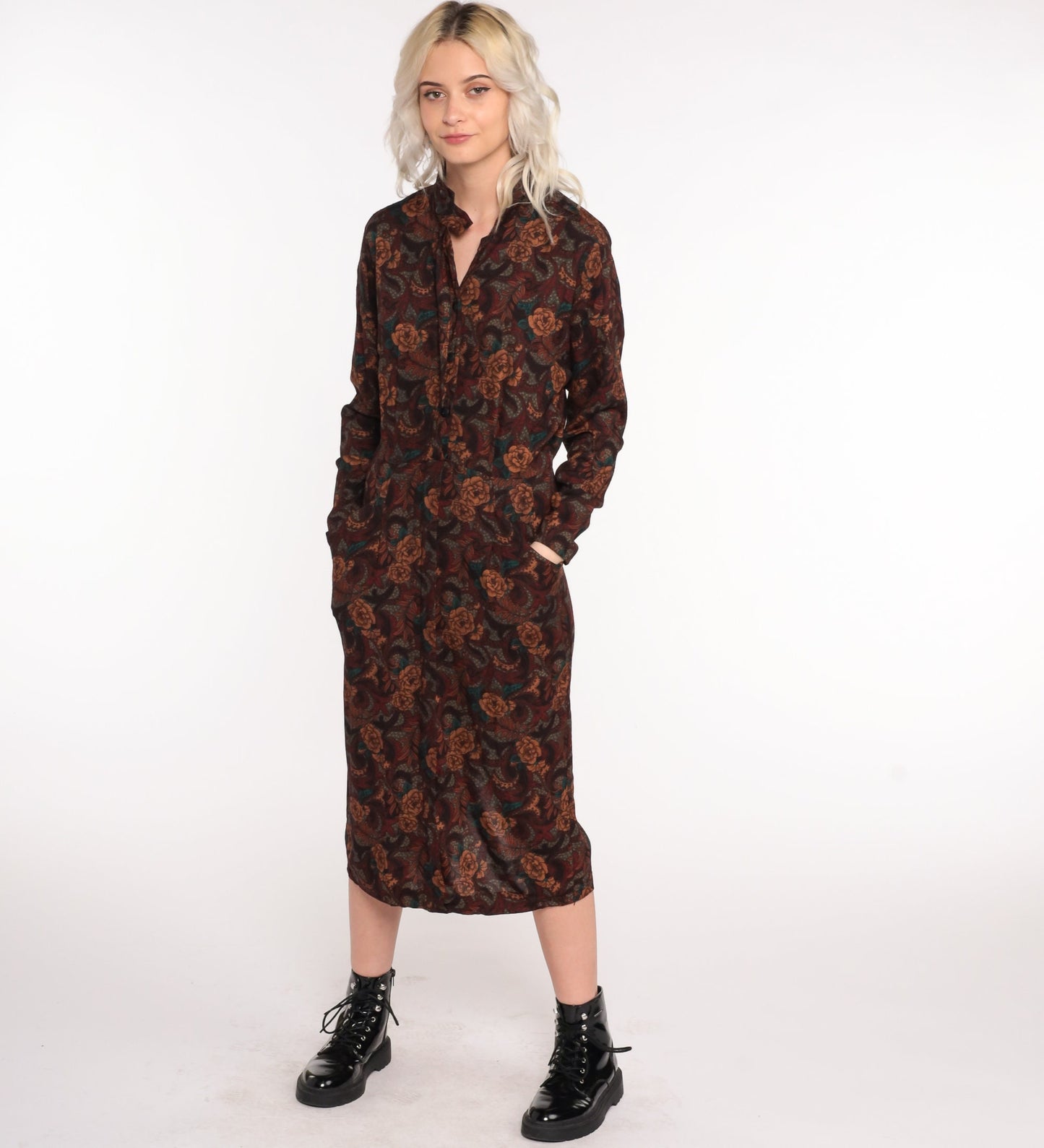 80s Floral Midi Dress Brown High-Waisted Keyhole Long Sleeve Medium