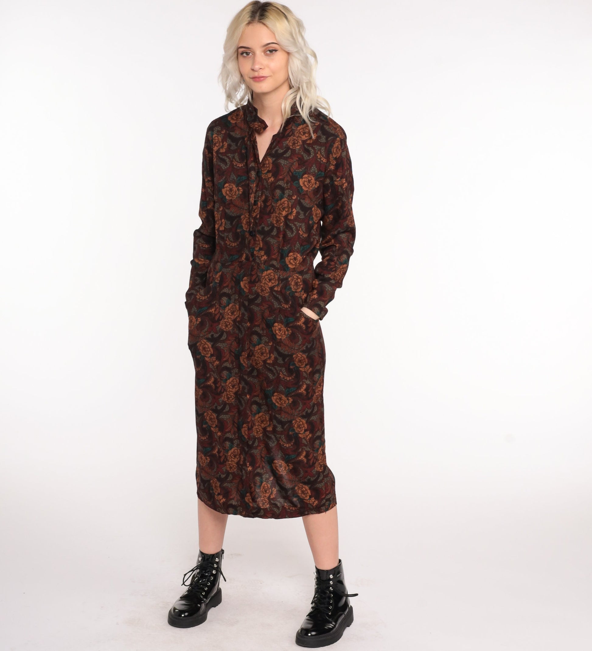 80s Floral Midi Dress Brown High-Waisted Keyhole Long Sleeve Medium
