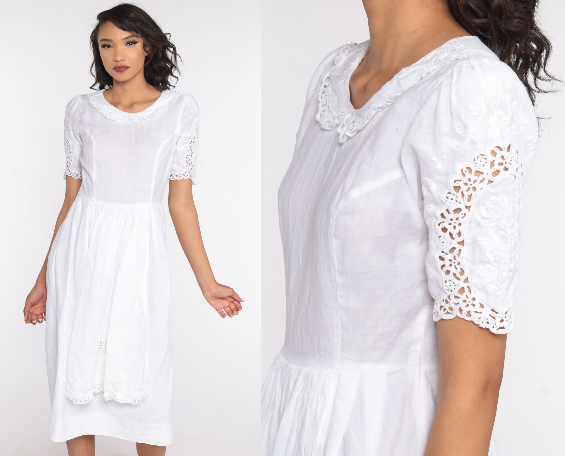 1970s White Linen Cotton Midi Dress Peter Pan Collar Puff Sleeve Small