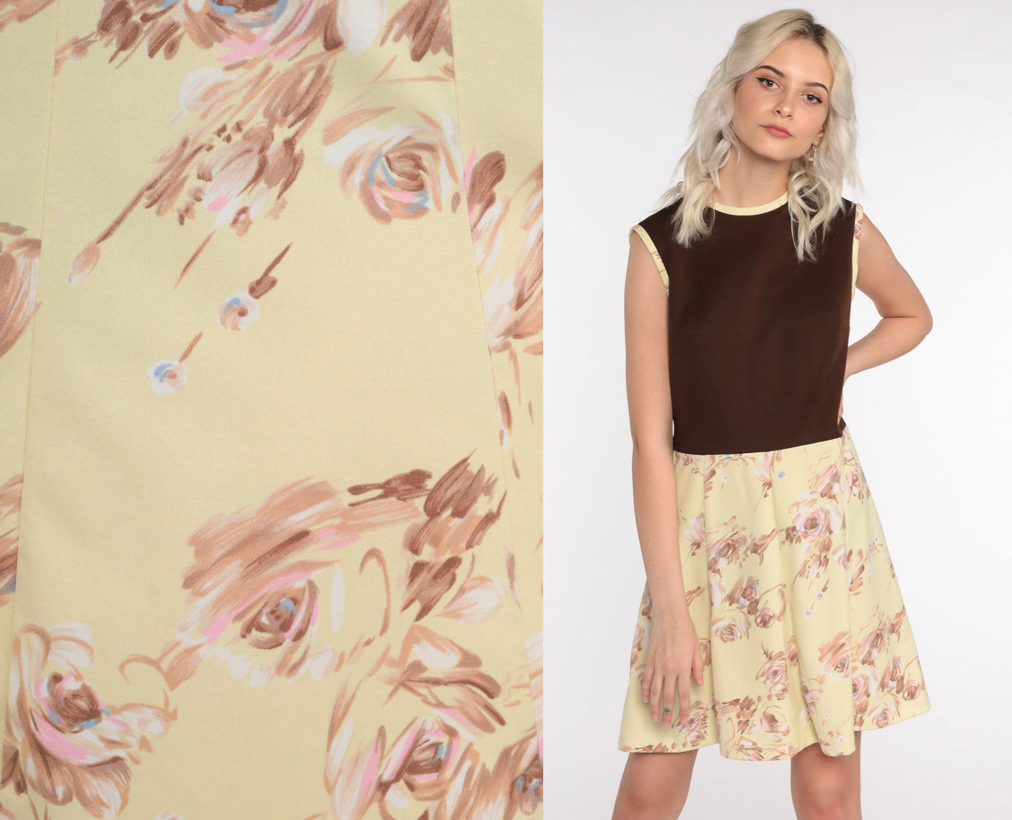 70s Floral Mini Dress High Waisted Sleeveless Brown Yellow Medium