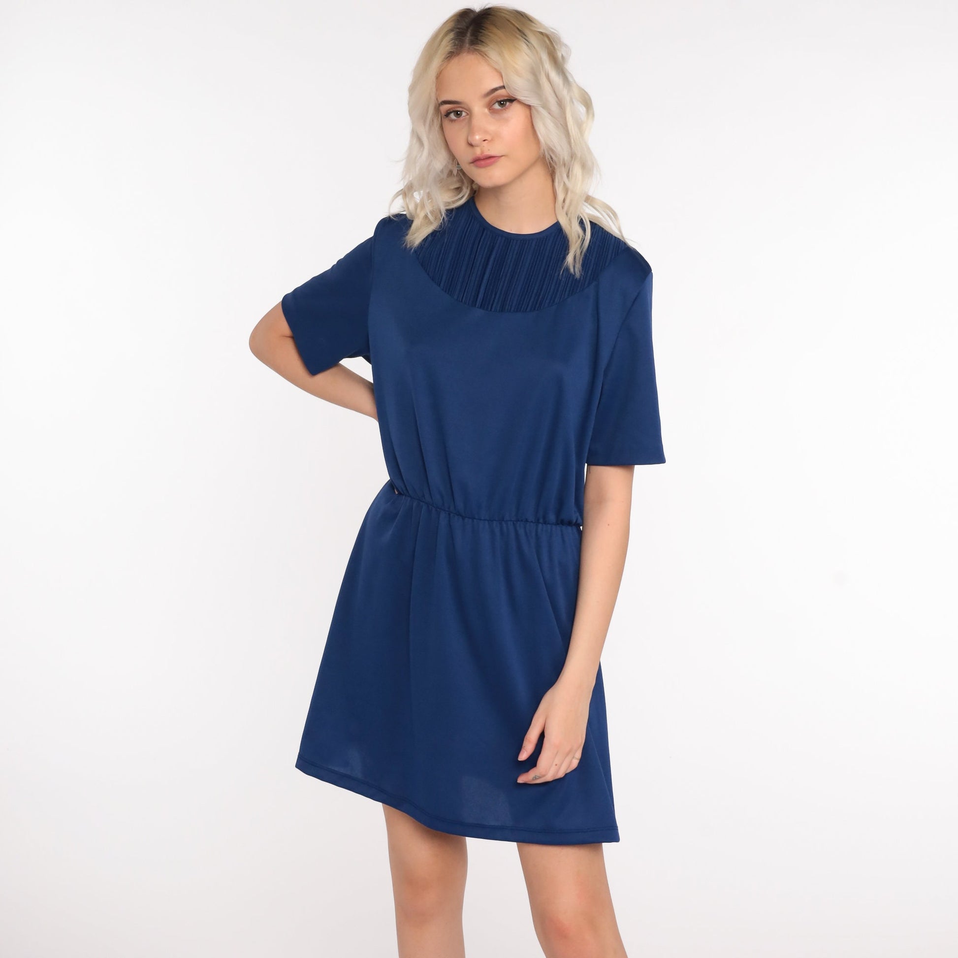 70s Dark Blue Mini Dress High Waist Pleated Chest Short Sleeve Medium