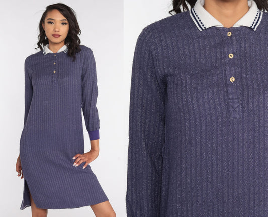 80s Purple Terry Cloth Polo Dress Knee-Length White Collar Small