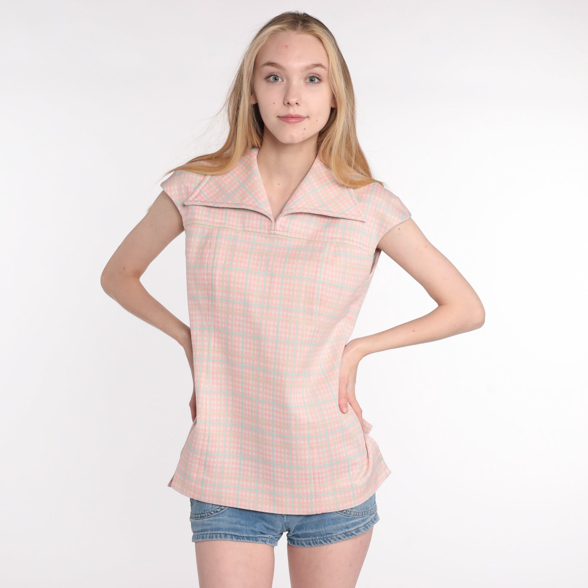 70s Pink Plaid Cap Sleeve Blouse Checkered Vintage Small Medium