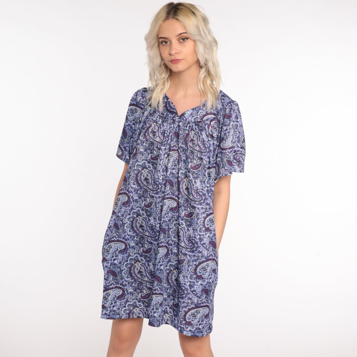 90s Purple Paisley Tent Mini Dress Short Sleeve Psychedelic Print Large L