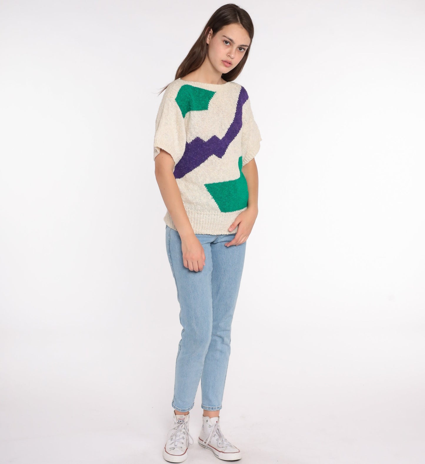 80s Liz Claiborne Geometric Colour Block Knit Top Beige Green Medium