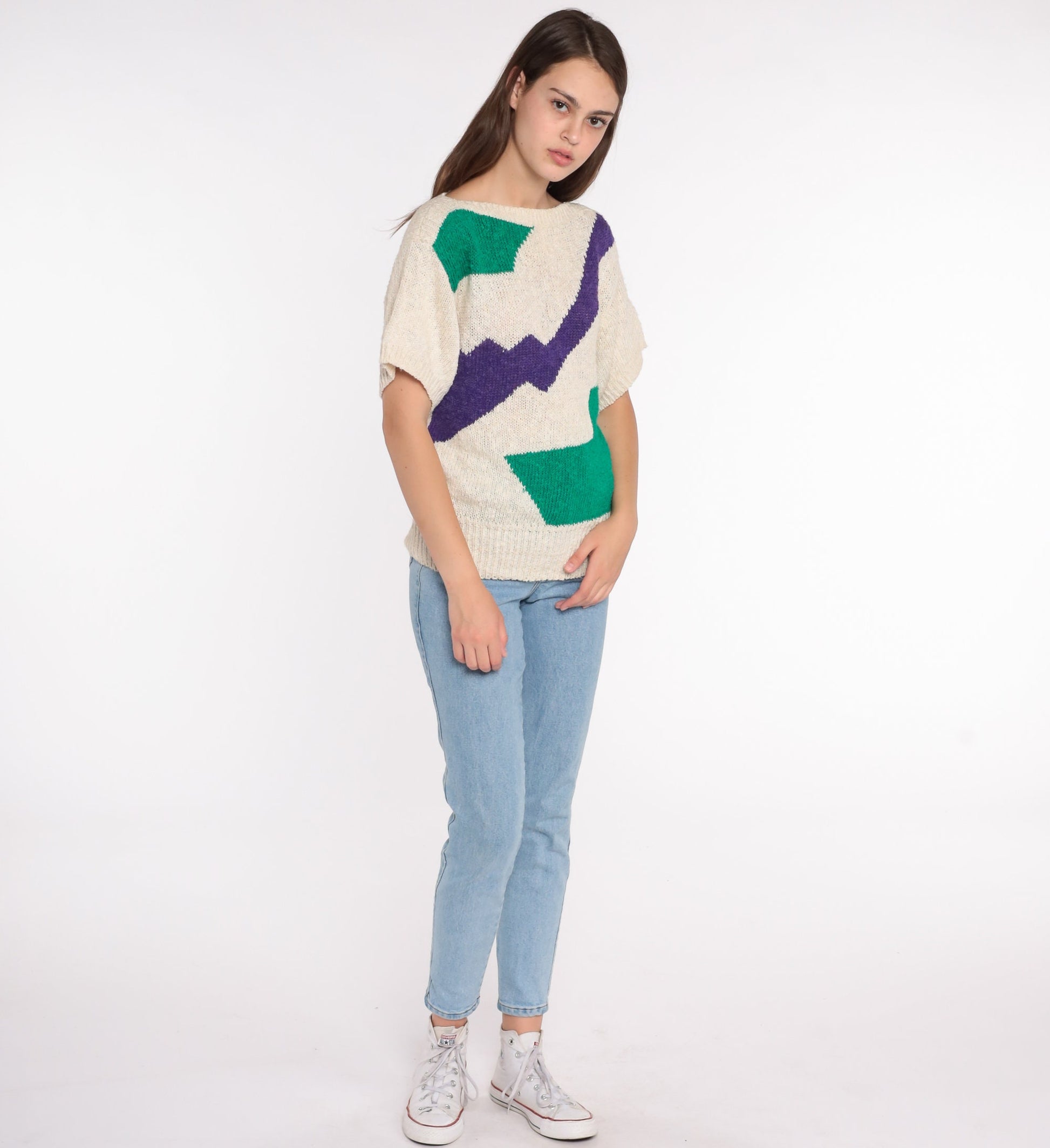 80s Liz Claiborne Geometric Colour Block Knit Top Beige Green Medium