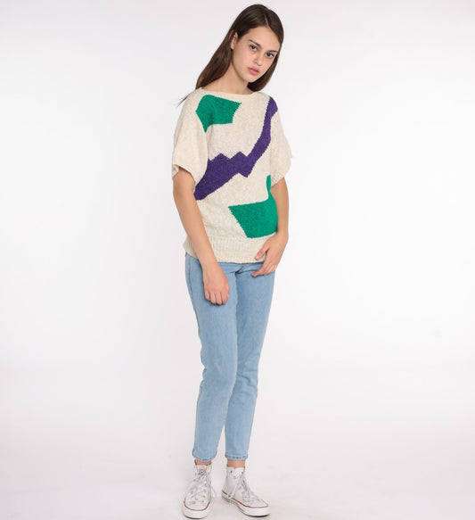 80s Liz Claiborne Geometric Colour Block Knit Top Beige Green Medium