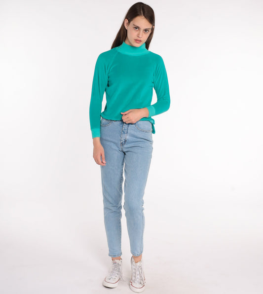 80s Teal Velour Mock Neck Long Sleeve Shirt Small