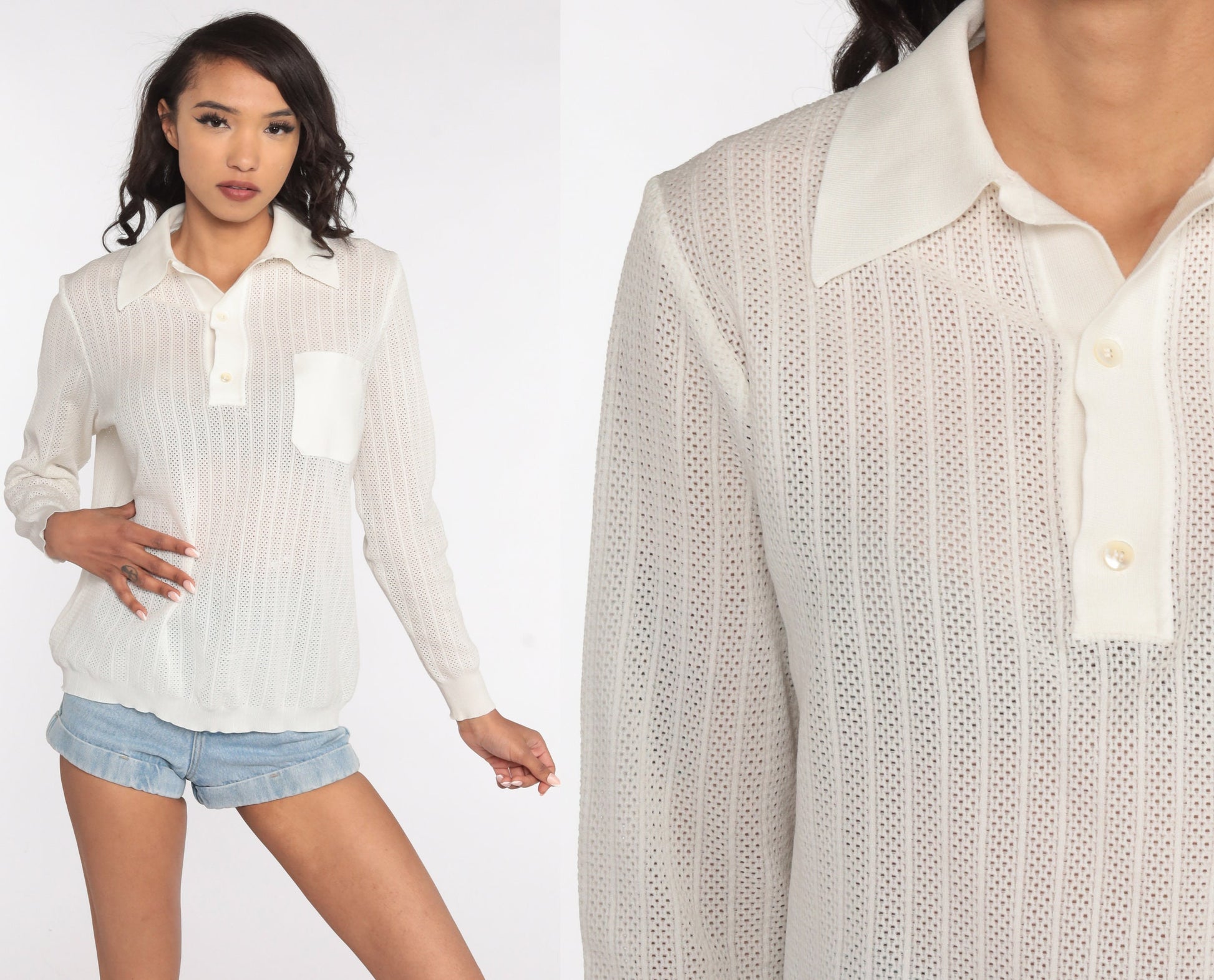 70s Sheer Off-White Cutout Blouse Long Sleeve Polo Shirt Large