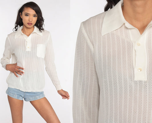 70s Sheer Off-White Cutout Blouse Long Sleeve Polo Shirt Large