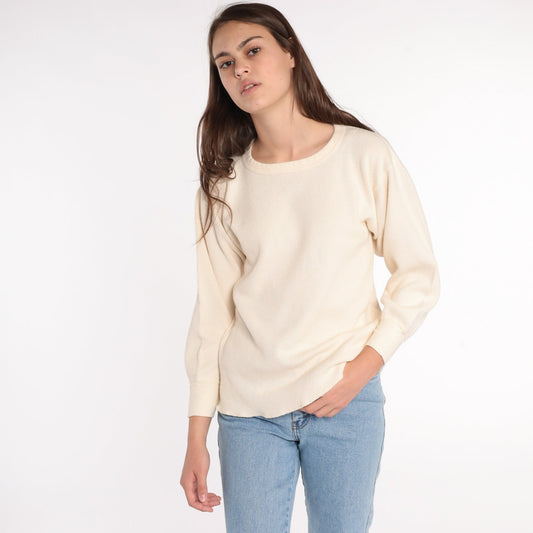 70s Cream Thermal Waffle Knit Long Sleeve Shirt Medium