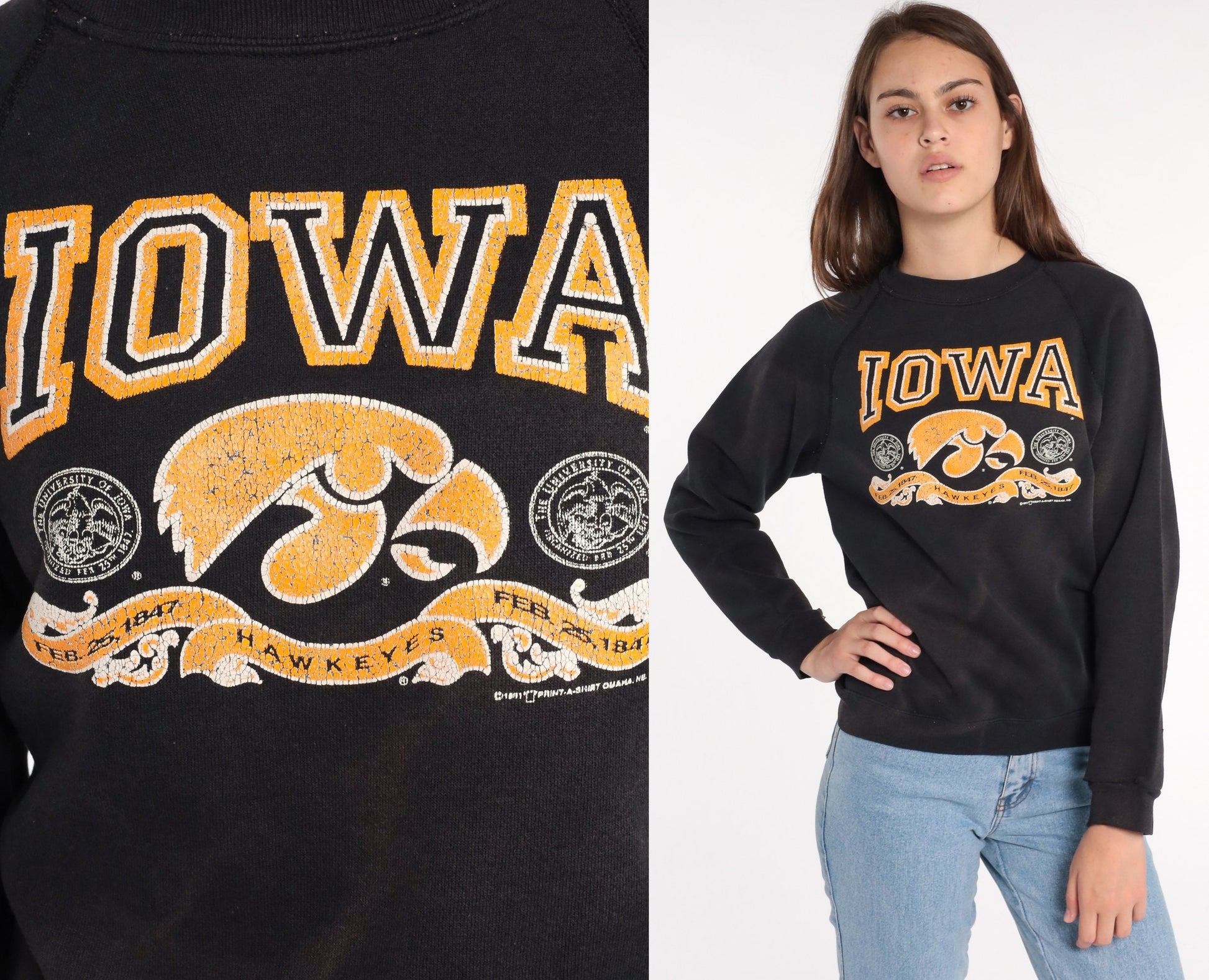 80s Iowa Hawkeyes Distressed Sweatshirt Black Graphic Crewneck Small