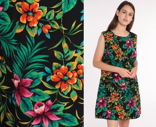 90s Floral Tropical Mini Dress Shift Sleeveless Hawaiian Print Plus Size XXL