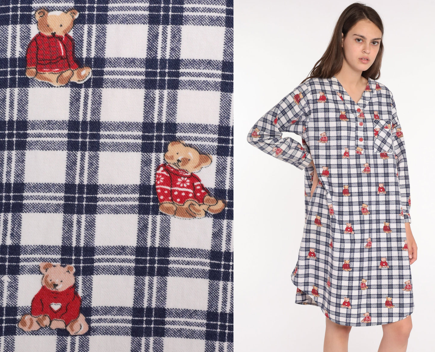 80s Teddy Bear Flannel Nightgown Checkered Pajama Dress Cotton Medium