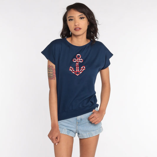 80s Navy Anchor Shirt Short Sleeve Slouchy Nautical Top Medium Large