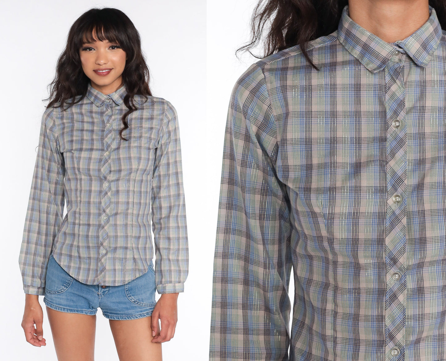 80s Plaid Blouse Metallic Stripes Button Down Long Sleeve Taupe Green Blue Small S