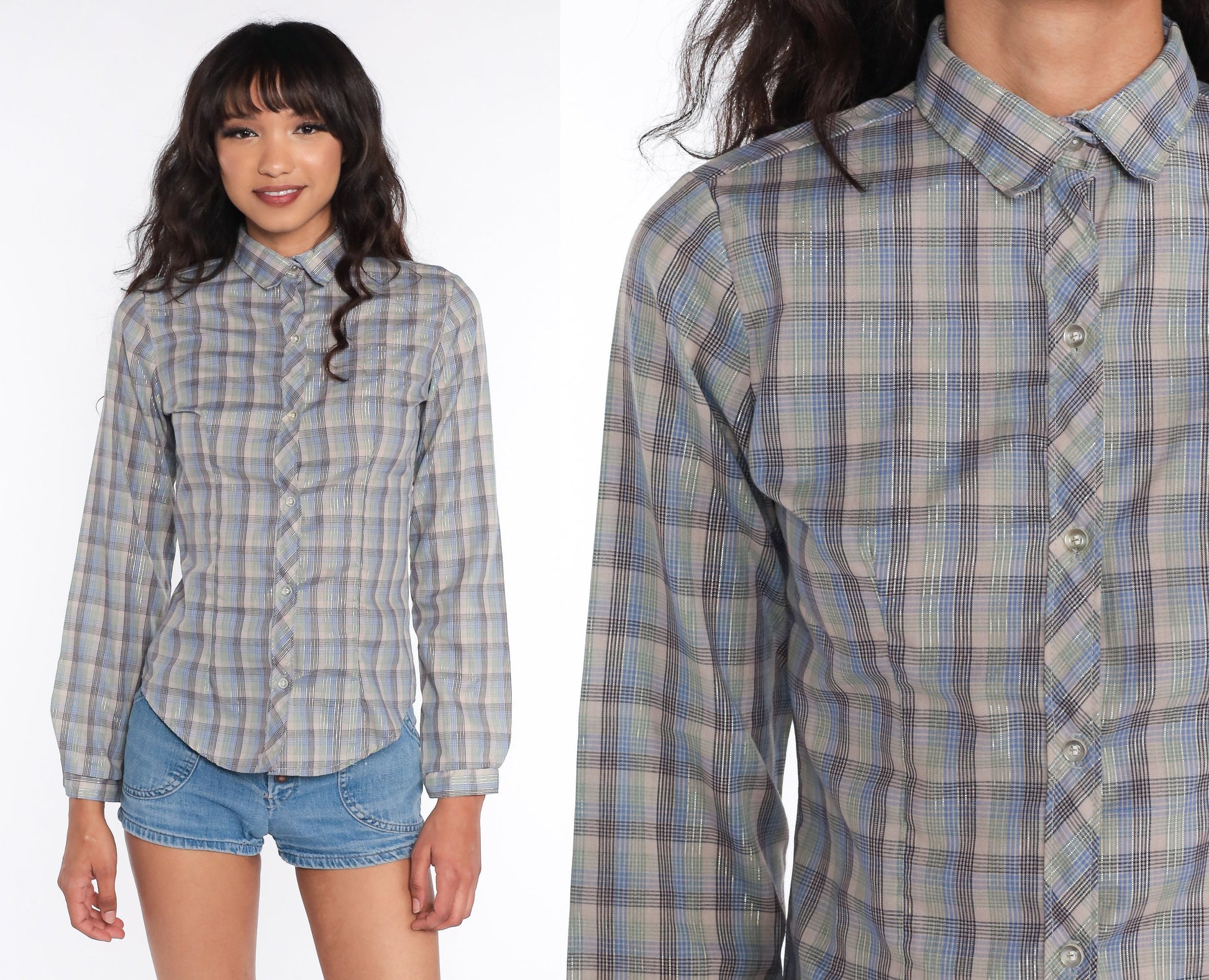 80s Plaid Blouse Metallic Stripes Button Down Long Sleeve Taupe Green Blue Small S