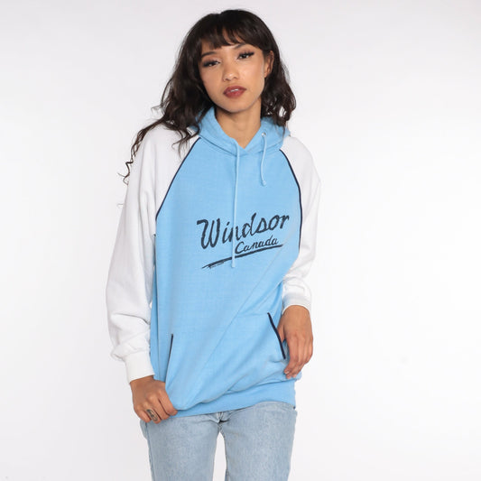 80s Windsor Ontario Canada Hoodie Sweatshirt Baby Blue Graphic Small