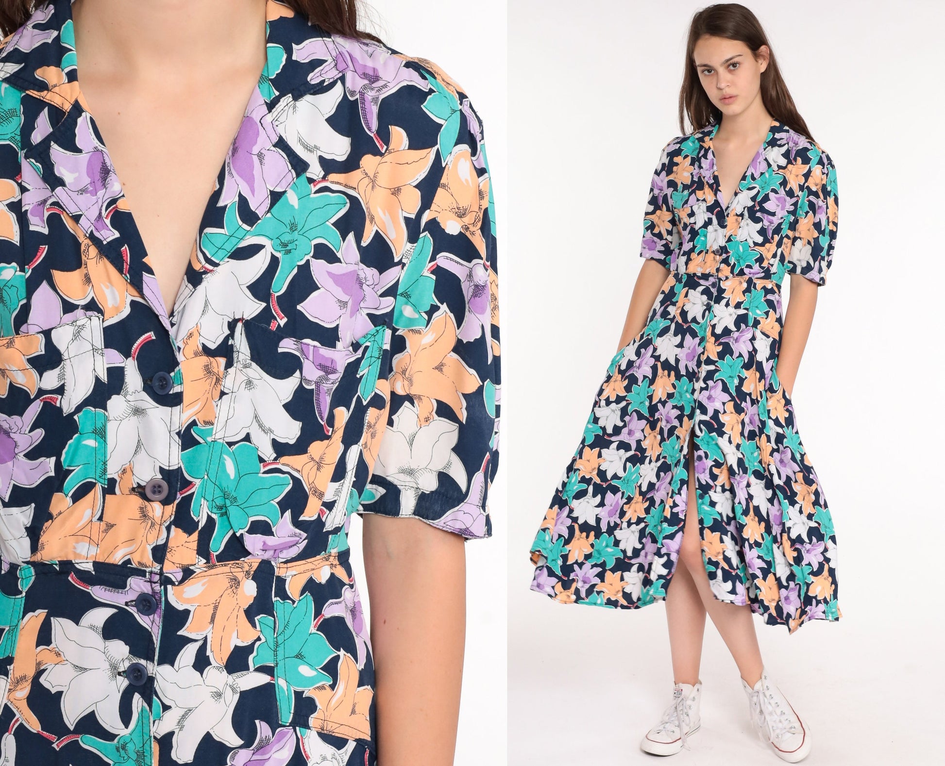 80s Floral Midi Dress Button-Up High Waist Short Sleeve Blue Small