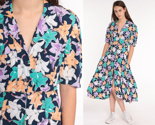 80s Floral Midi Dress Button-Up High Waist Short Sleeve Blue Small