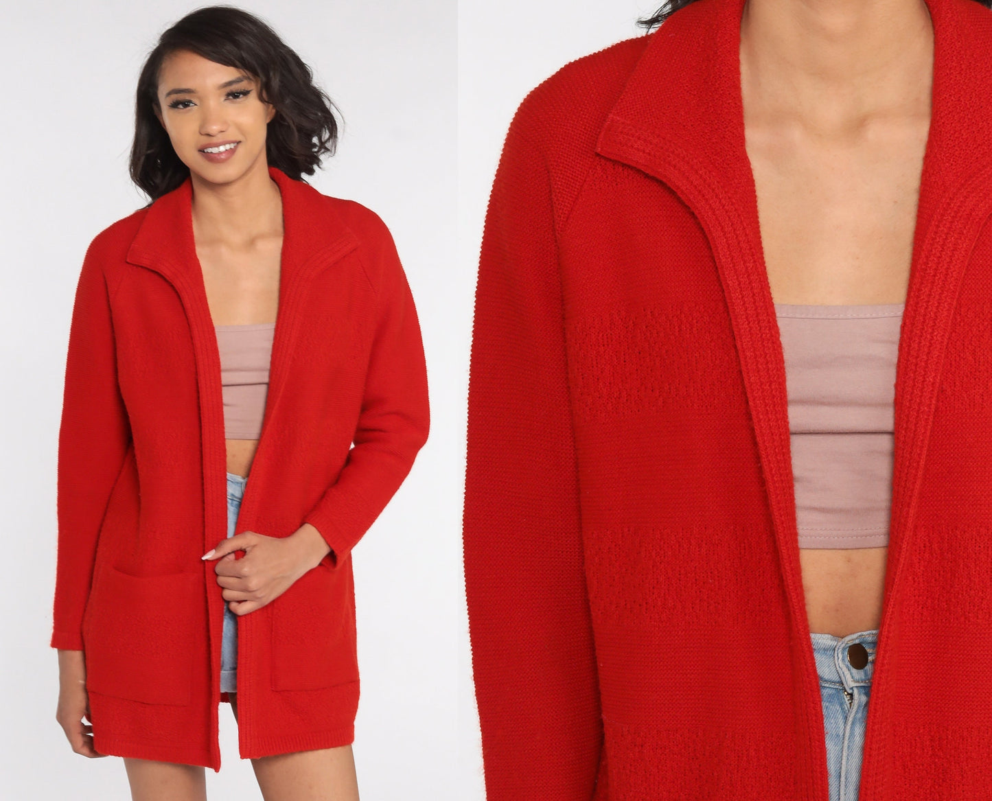 70s Red Cardigan Sweater Open Front Knit Large L