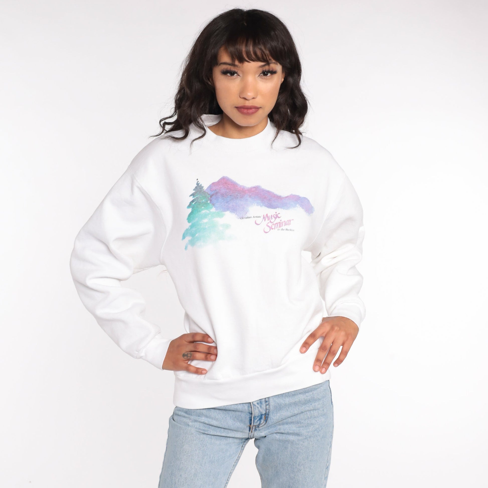 90s Christian Artists Music Seminar Rockies Sweatshirt White Graphic Pullover Medium