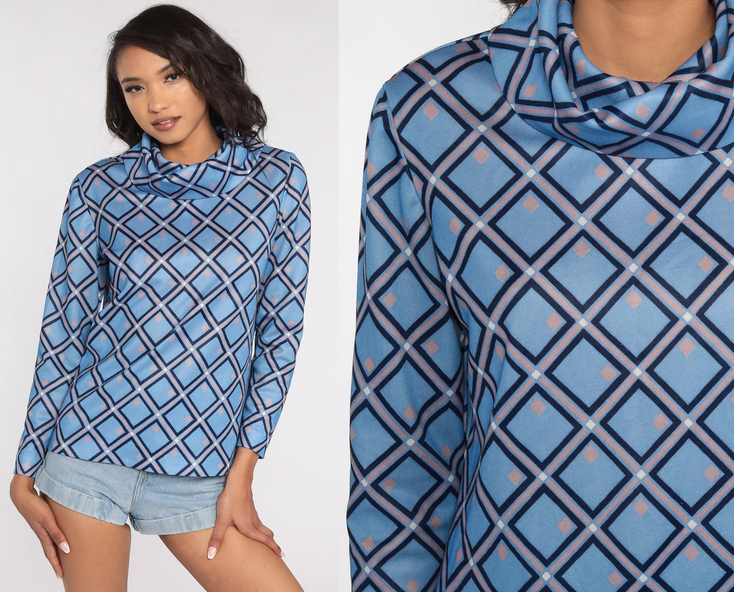 70s Blue Geometric Turtleneck Shirt Long Sleeve Top Medium