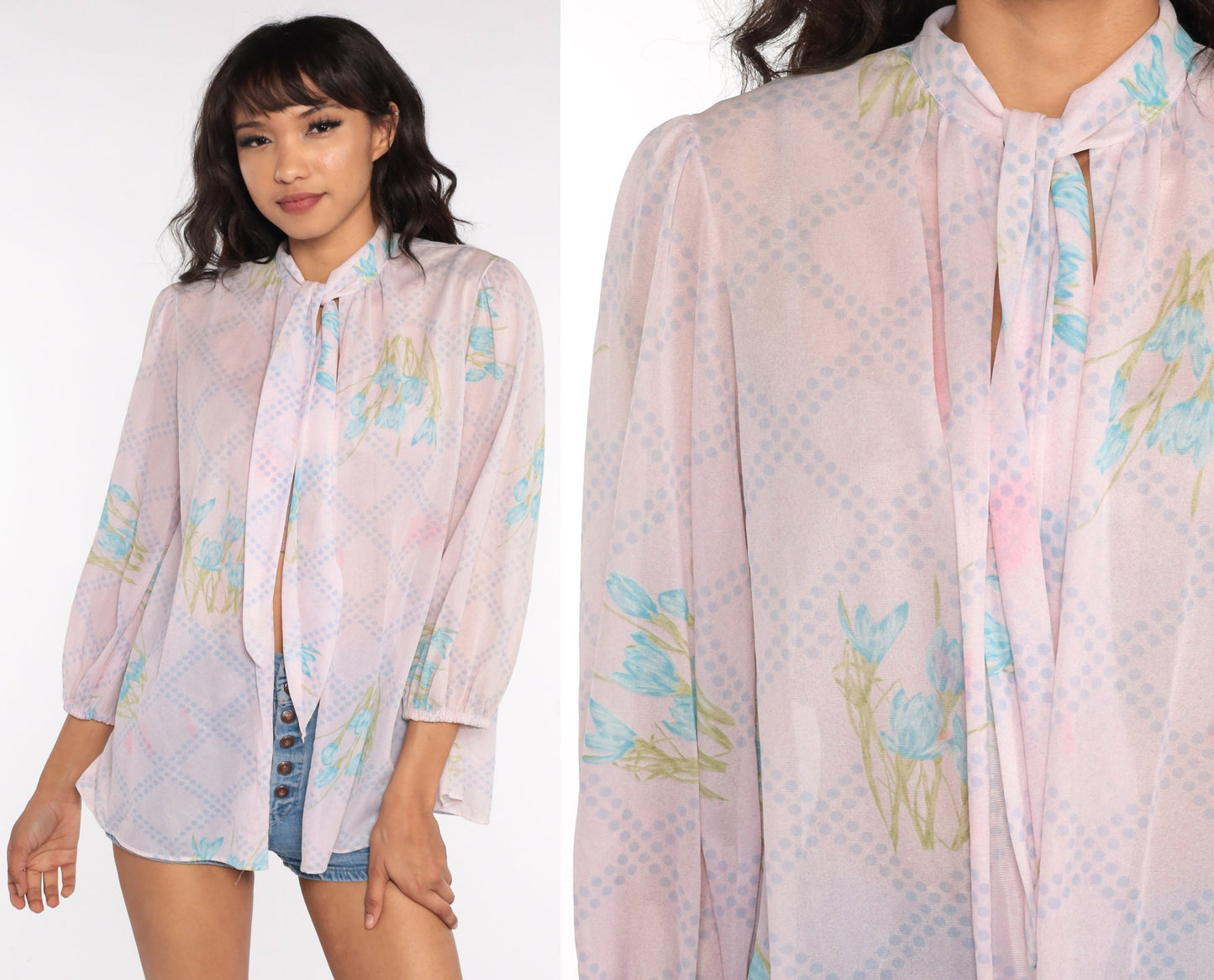 70s Floral Ascot Blouse Sheer Pink Puff Sleeve Bow Neck Medium